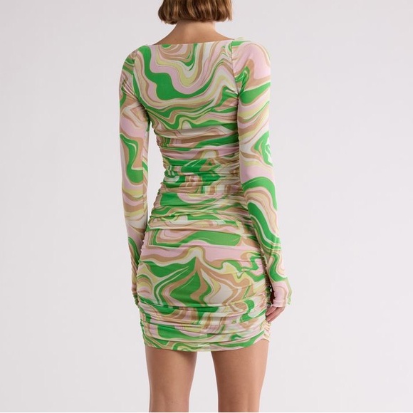 AFRM LOS ANGELES Gesine Long Sleeve Ruched Minidress in Green Swiss - Picture 2 of 11